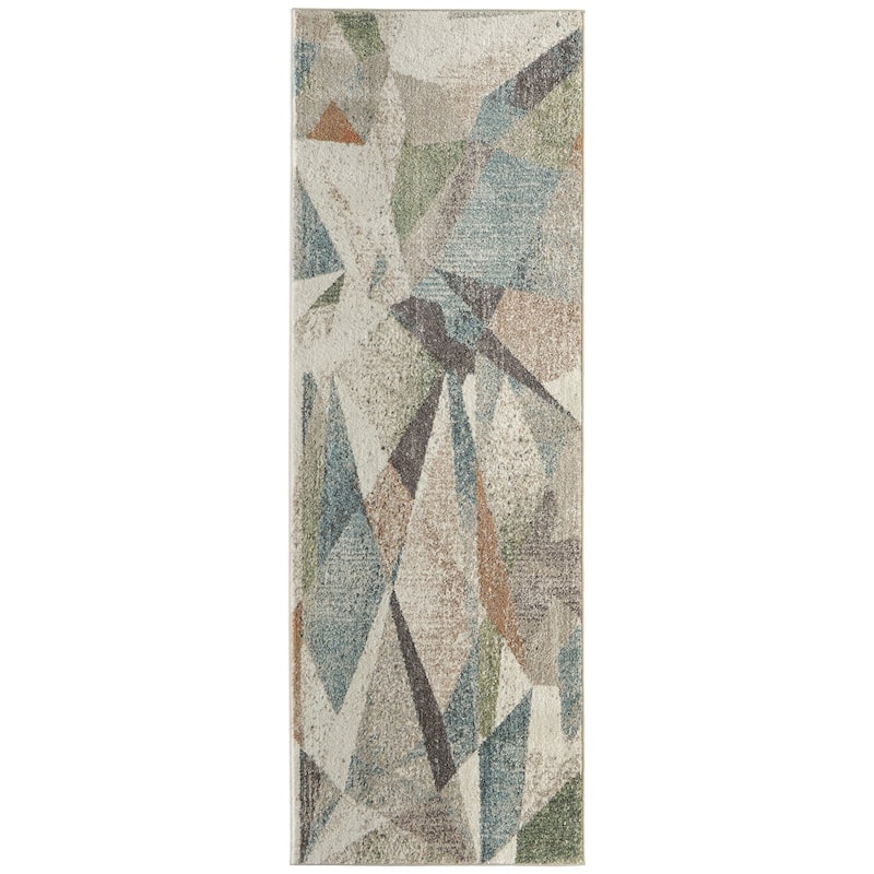 Sparkman R39QV Color Block Modern Area Rug - 2'6" x 7'3" - Ivory/Blue/Green