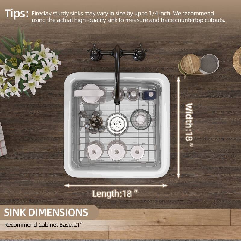 18" L X 18" W Fireclay Single Bowl Drop-In Kitchen Sink Undermount Farmhouse Sink With Accessory