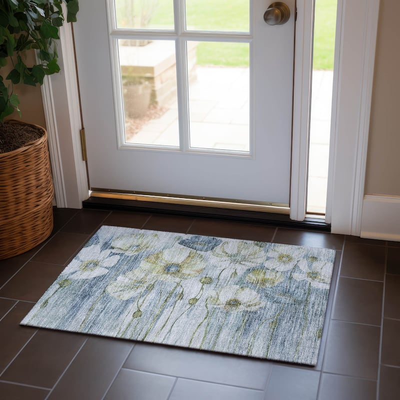 Machine Washable Indoor/ Outdoor Chantille Modern Floral Rug - Blue - 1'8" x 2'6"