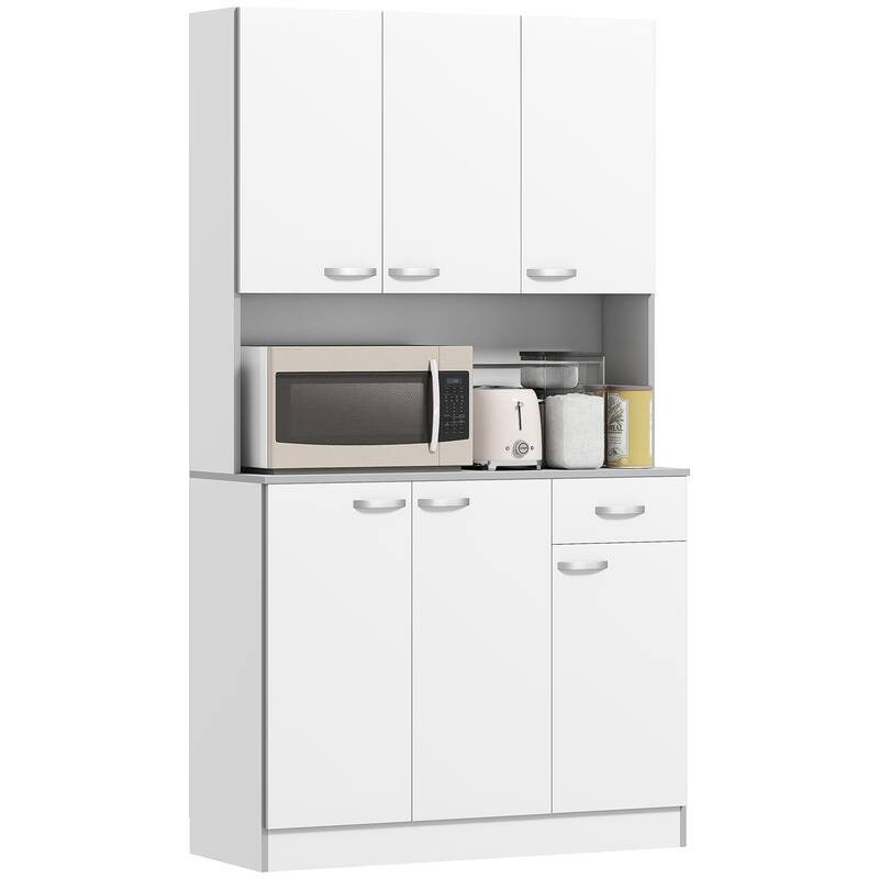 HOMCOM 71" Freestanding Kitchen Buffet Hutch Cupboard with 6 Doors, 3 Adjustable Shelves, and 1 Drawer, White