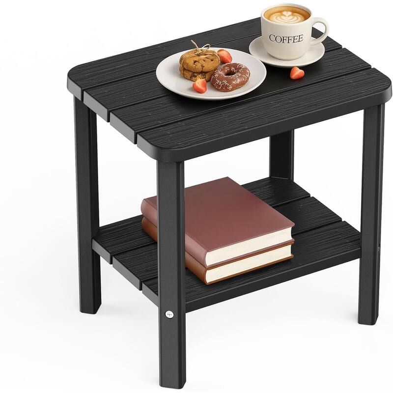 Outdoor Side Table & End Table, 2-Tier Waterproof Resin Patio Table, Square End Table with Shelf for Porch, Balcony, Garden - Black