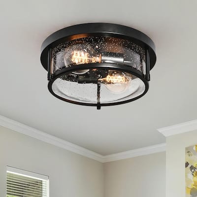 Farmhouse Black Round Seeded Glass Drum Semi Flush Ceiling Light -12in
