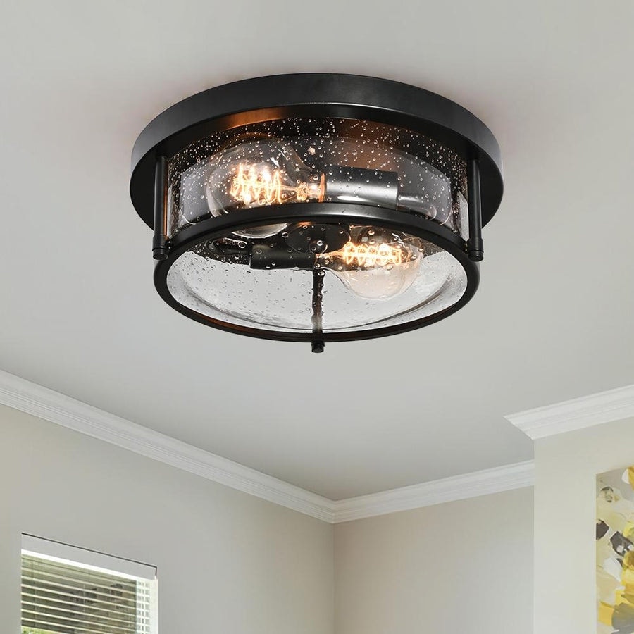 Farmhouse Black Round Seeded Glass Drum Semi Flush Ceiling Light -12in