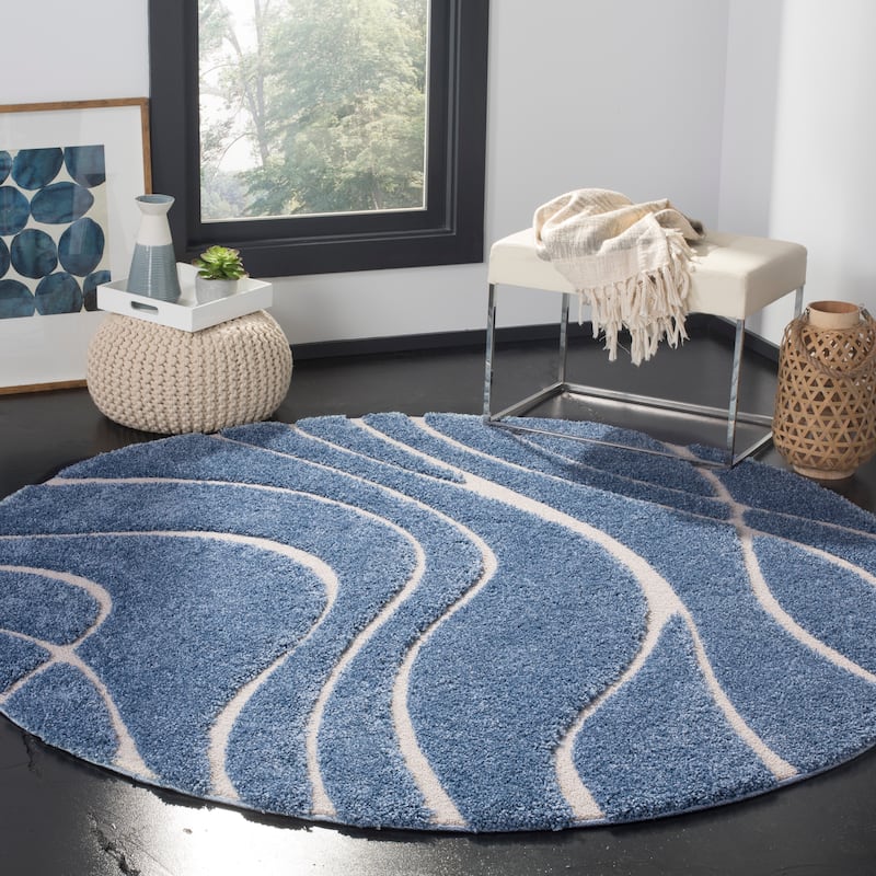 SAFAVIEH Florida Shag Sigtraud Abstract Waves 1.2-inch Thick Rug - 6'7" Round - Light Blue/Cream - Round