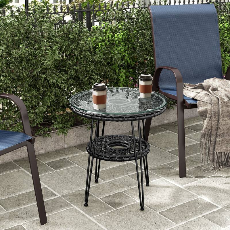 Dana Boho 19-inch Outdoor Patio Wicker Round Coffee Table with Tempered Glass Top and Metal Legs by M&L Co.