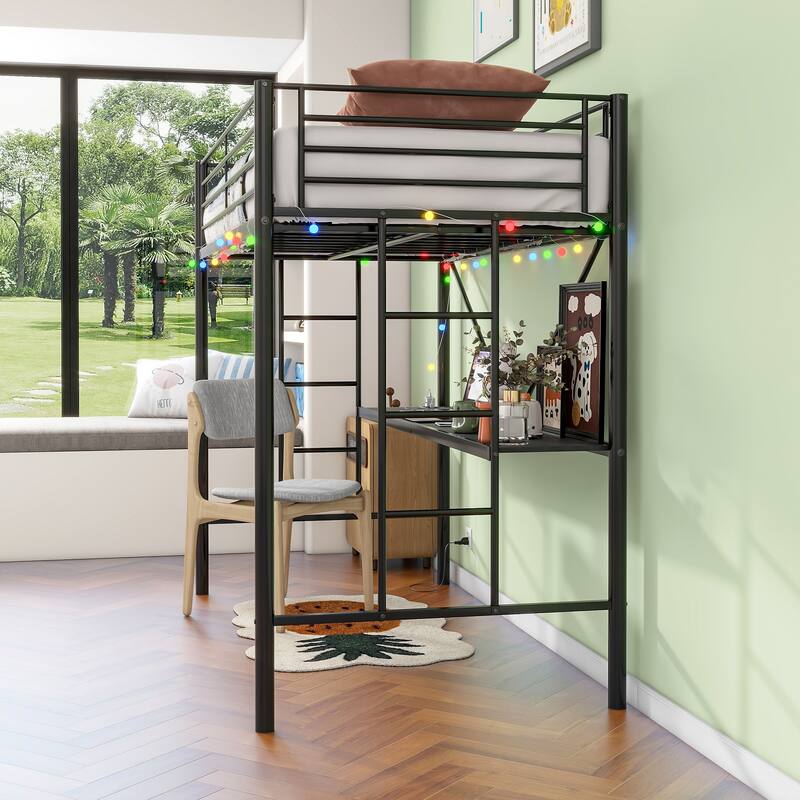 Twin Metal Loft Bed with Desk, Power Outlet, LED Lights, Safety Guard Rails, and Ladder, Black