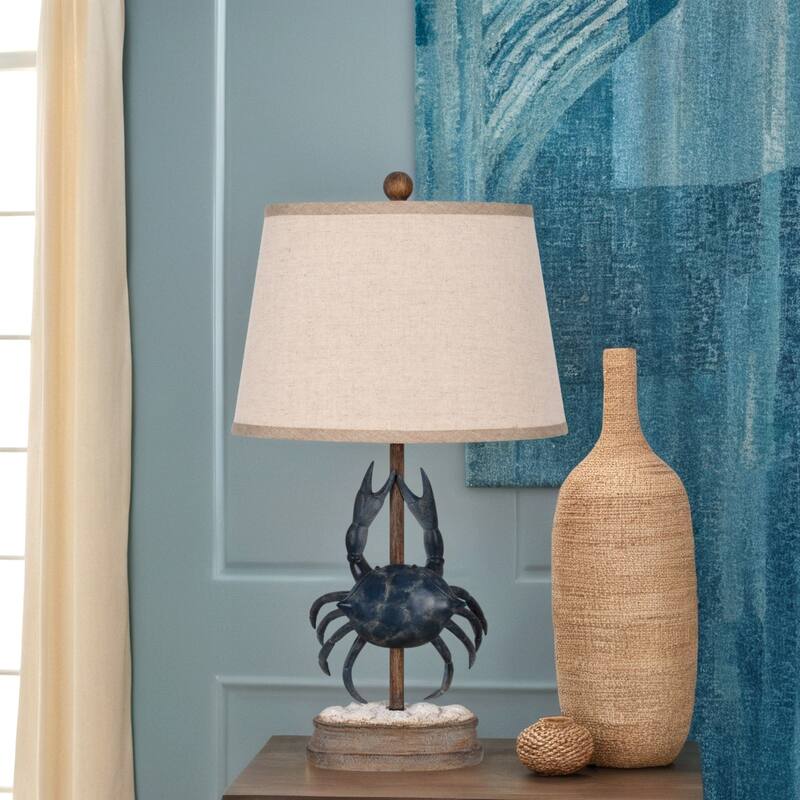 Polyresin 25" Table Lamp with Linen Shade, Blue & Brown
