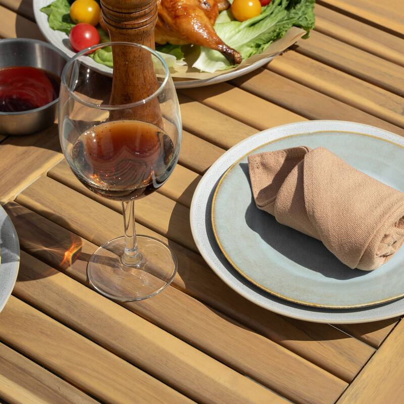 Patio Dining Table, Acacia Wood Top, PE Rattan-Wrapped Metal Frame, Black