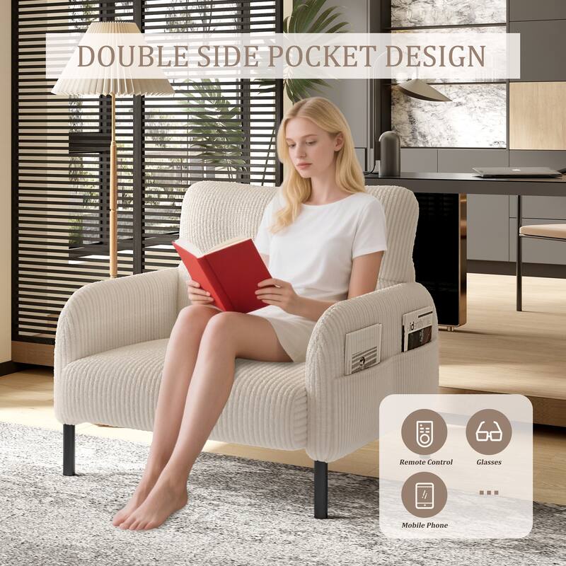 Ergonomic Armchair Corduroy Single Sofa Accent Chair with Side Pockets