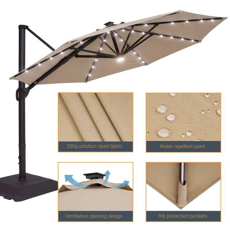 LIVOOSUN 11Ft LED Patio Hanging Octagon Cantilever Umbrella with 360-degree Rotating Canopy