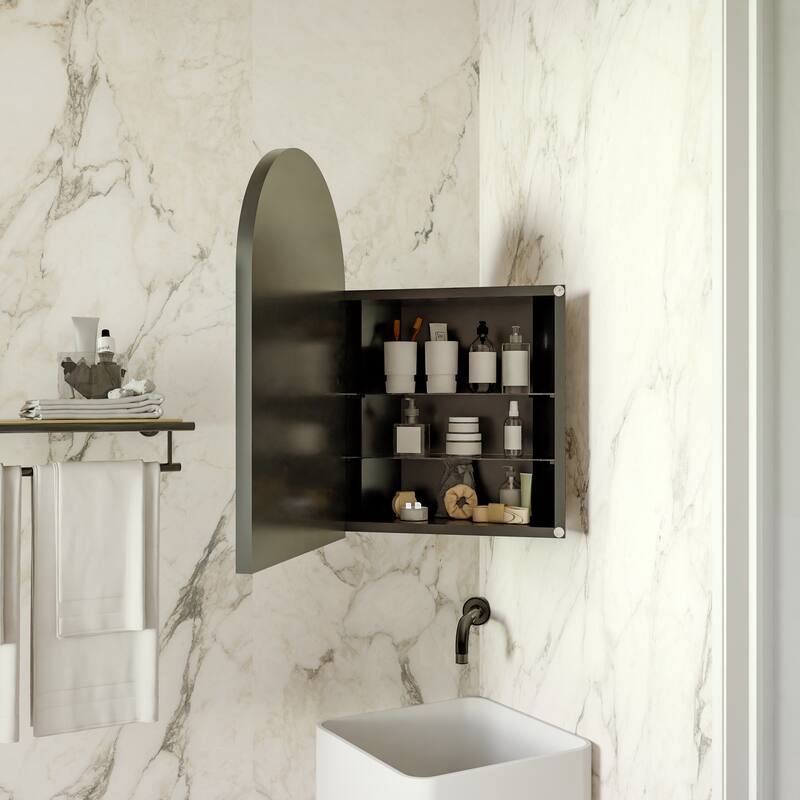 18x24 Inch Metal Corner Medicine Cabinet with Arched Mirror, Adjustable Glass Shelves, Space-Saving Bathroom Storage