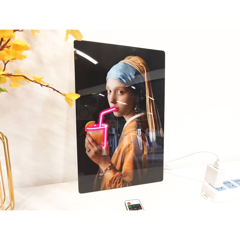 Neon Style LED Wall Art - Girl with a Pearl Earring Acrylic Print with Lighted Drink Effect