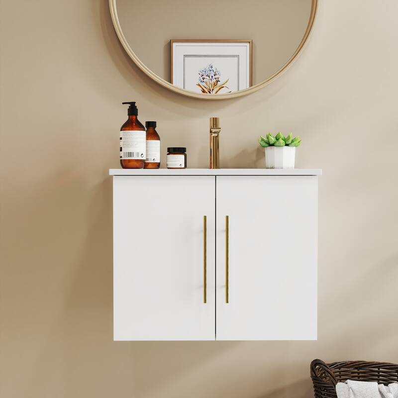 24-Inch Wall-Mounted Bathroom Vanity with Sink Combo,Double Doors,Soft Close Hinges, Ceramic Basin,Easy Assemble - Glossy White