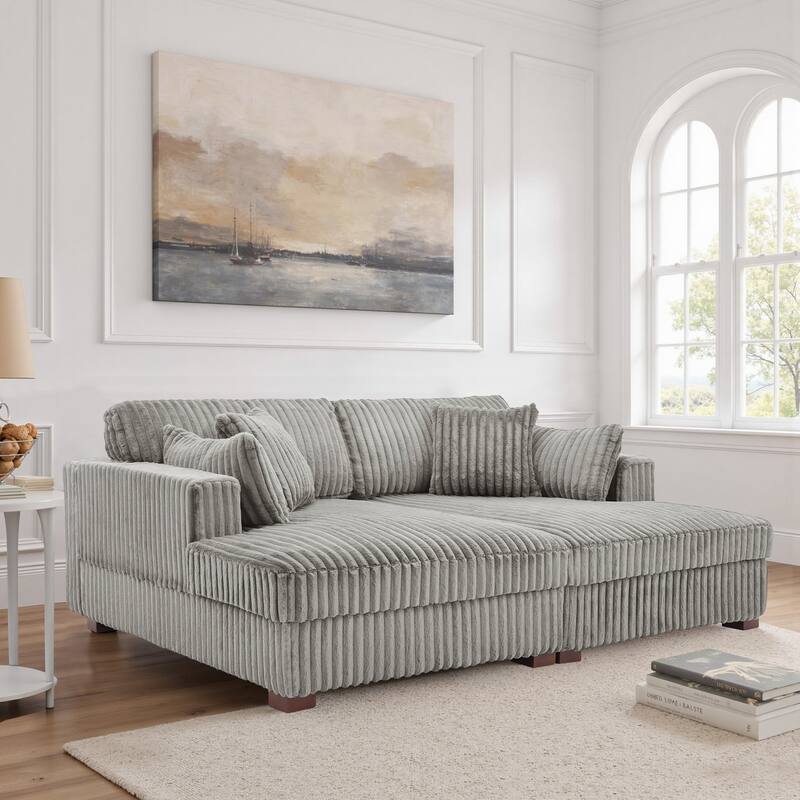 Sophia 84" W Plush Corduroy Chaise Lounge Modular Sectional Sofa - Light Grey&2 Pillows