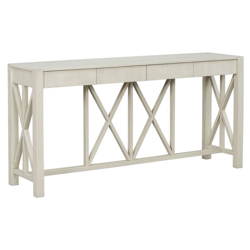 Acacia Veneer Console Table Entryway Table with 4 Drawers and X-Leg, Farmhouse Sofa Table with Open Bottom Storage