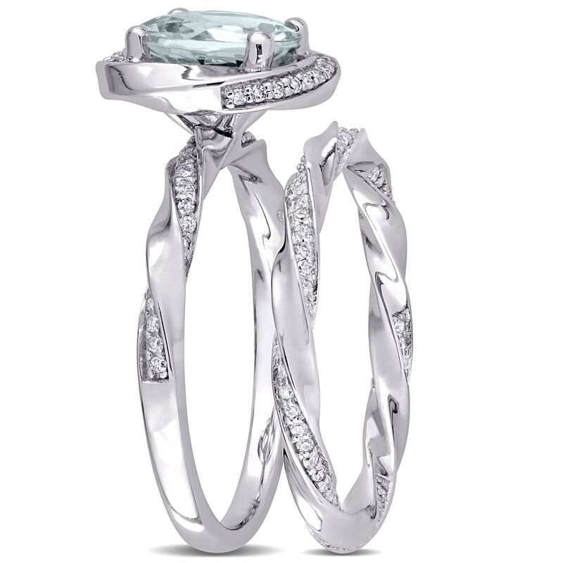 Miadora 10k White Gold Aquamarine and 2/5ct TDW Diamond Halo Swirl Bridal Ring Set