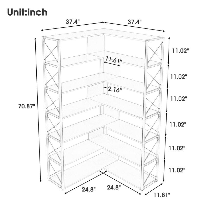 7-Tier Bookcase Home Office Bookshelf, L-Shaped Corner Bookcase with Metal Frame