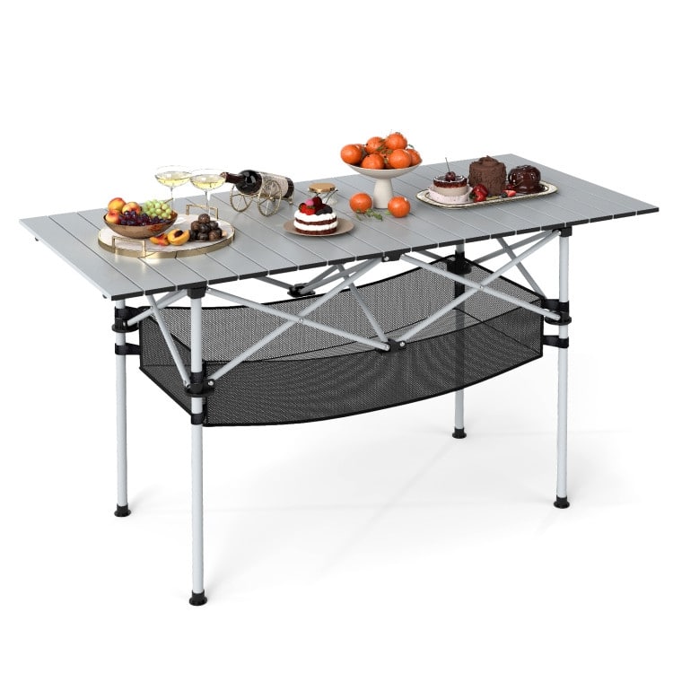 Aluminum Patio Folding Camping Table with Bag and Mesh Basket - 47" x 22" x 27" (L x W x H)