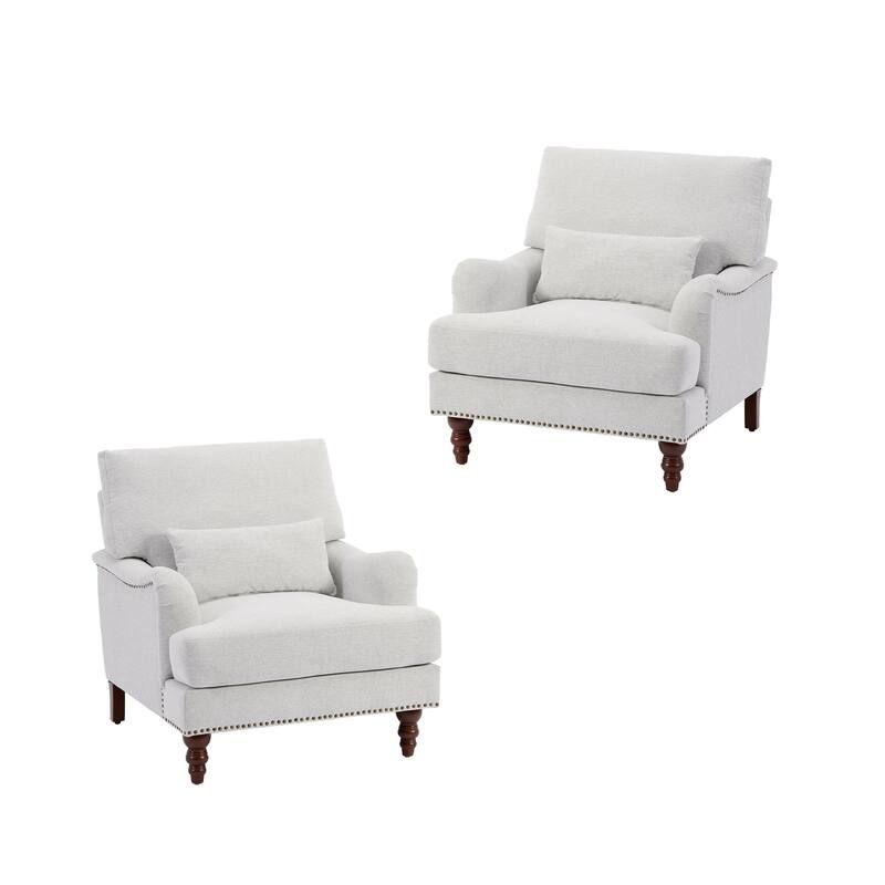 Chenille Accent Chairs with Lumbar Pillows Nailhead (Set of 2)
