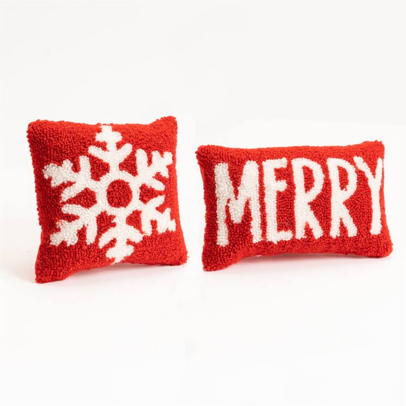 Snowflake "Merry" Christmas Throw Pillows 15.5" Red White Set of 2