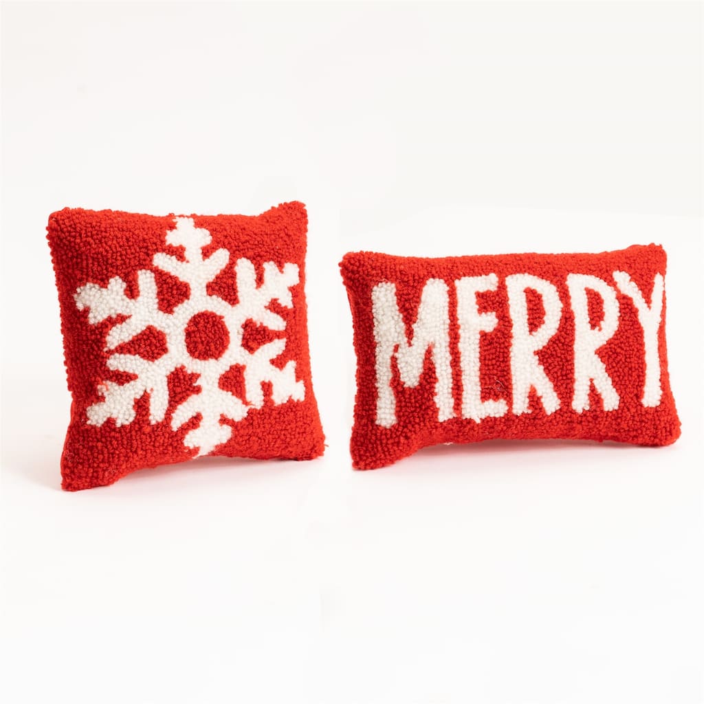 Snowflake "Merry" Christmas Throw Pillows 15.5" Red White Set of 2