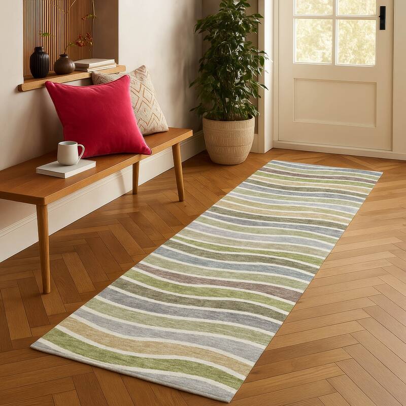 Machine Washable Indoor/ Outdoor Contemporary Stripe Chantille Rug