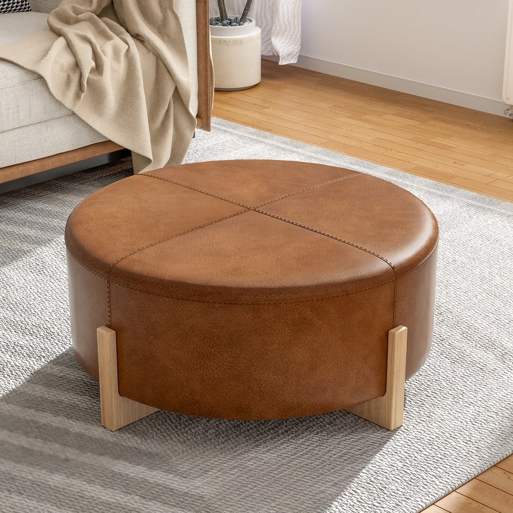 Christopher Knight Home - 34" Round Tufted Upholstered Cocktail Ottoman, Leather Coffee Table with Solid Wood Legs