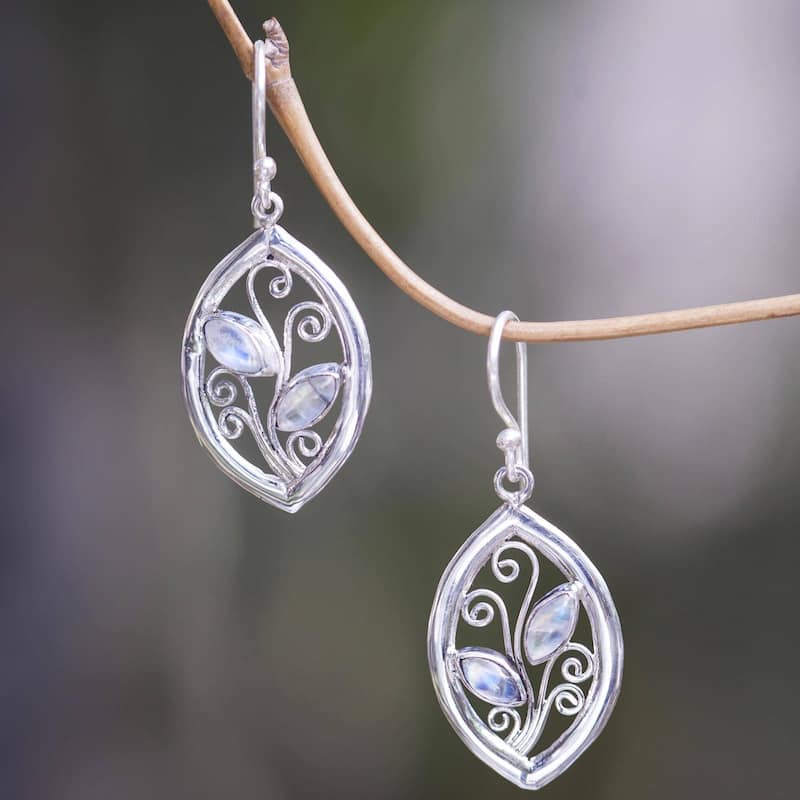 NOVICA Handmade Sterling Silver 'Paradise Leaves' Rainbow Moonstone Earrings (Indonesia) - 1.5*0.6 - White - Silver - Moonstone - White