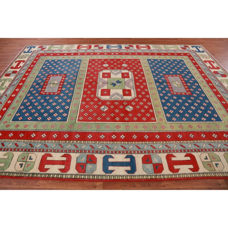 Hand Knotted Oriental 100% Wool Carpet Traditional Geometric Multi-Colored Kazak Area Rug - 11' 5'' X 8' 6''