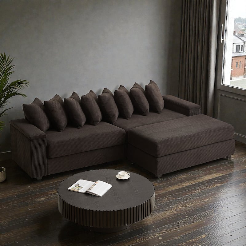 Oversized L Shaped Sectional Sofa with Chaise, Corduroy Upholstered Couch with Armrest Storage and Ottoman