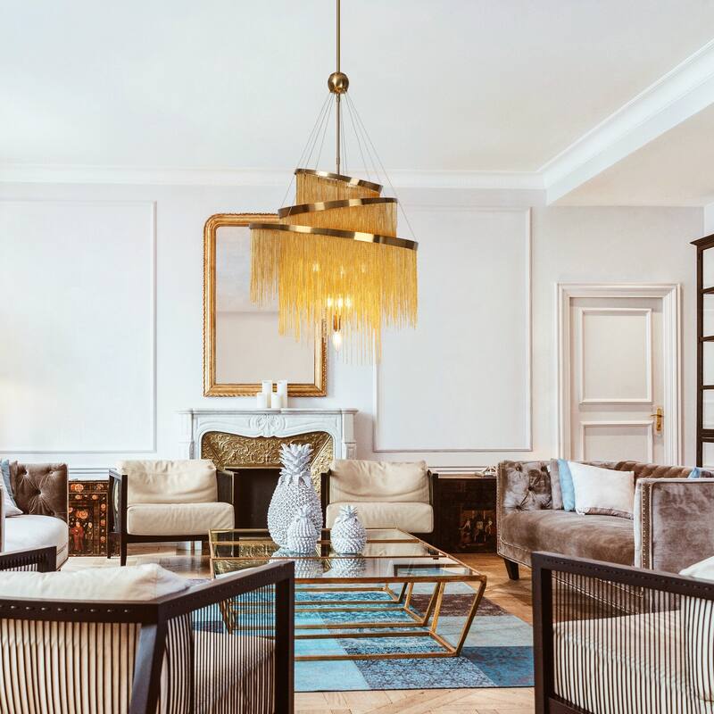Mid-Century Modern Gold 7-Light Tier Fringe Chandelier