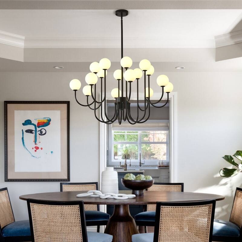 Sputnik Chandelier 16 Lights Black Mid Century Modern Ceiling Pendant Light with Glass Globe Shades - 36.6 in