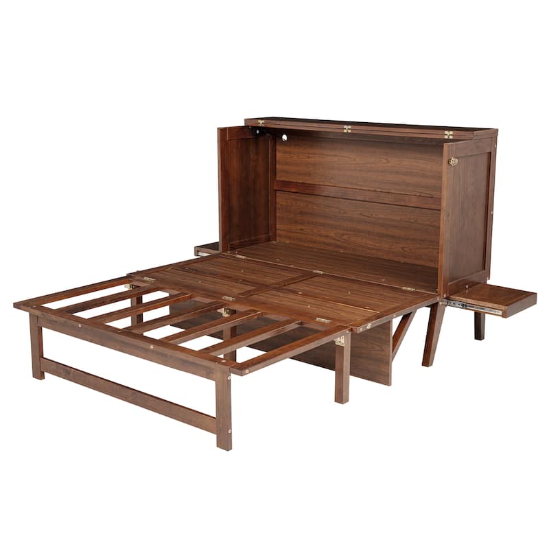 Full Size Murphy Bed with USB Port and Removable Shelves on Each Side, Solid Pine Murphy Cabinet Bed for Home Office