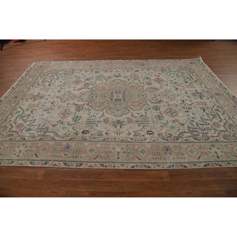 Beige Tabriz Persian Vintage Area Rug Hand-Knotted Wool Carpet - 6'6" x 9'9"