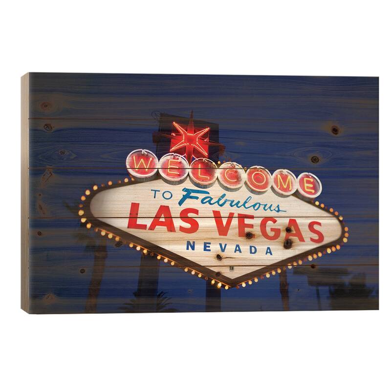 The "Welcome To Fabulous Las Vegas" Sign At Night, Paradise, Clark County, Nevada, USA Print On Wood by Walter Bibikow - 18x26x1.5
