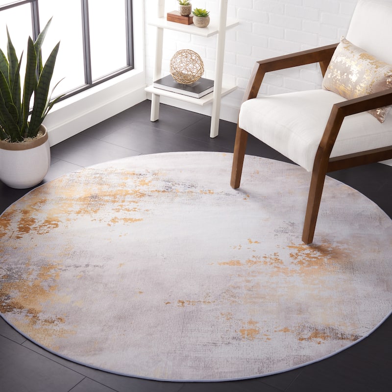 SAFAVIEH Tacoma Machine Washable Slip Resistant Adline Modern Abstract - 6' x 6' Round - Grey/Gold