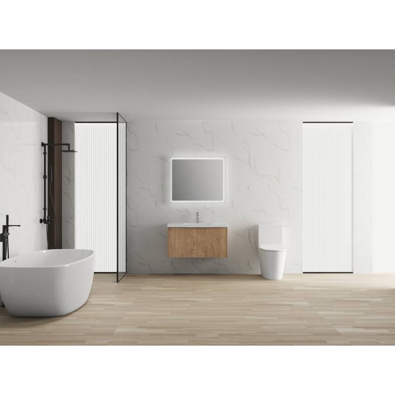 Floating Bathroom Vanity with Resin Sink, Soft Closing Doors, Metal Handles, and Ample Storage Space - 35.4in L Plywood