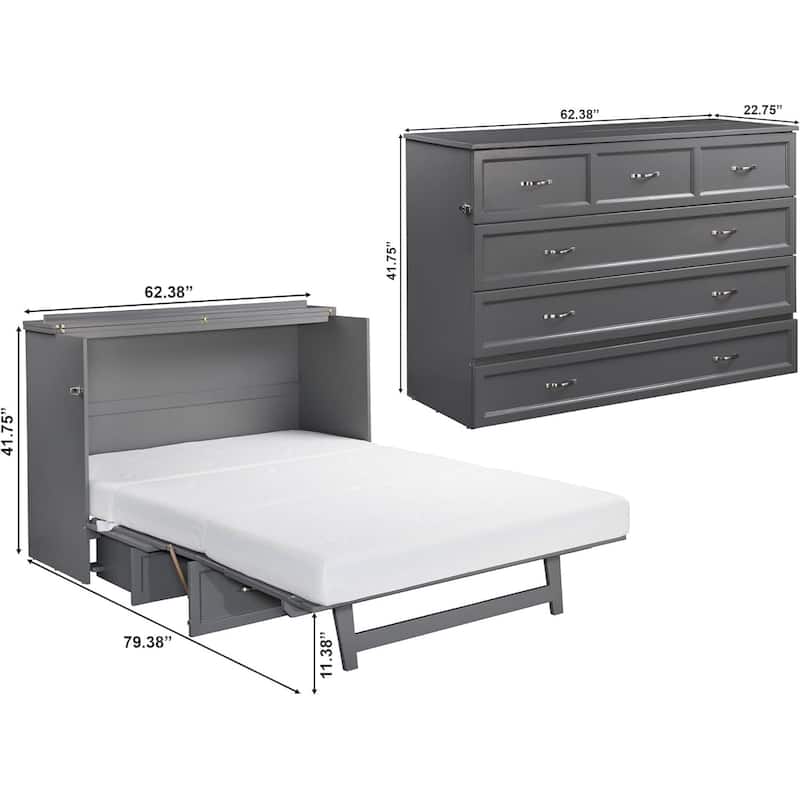 Murphy Bed Chest with Charging Station - Space Saving Fold Out Bed - Modern Grey Storage Furniture