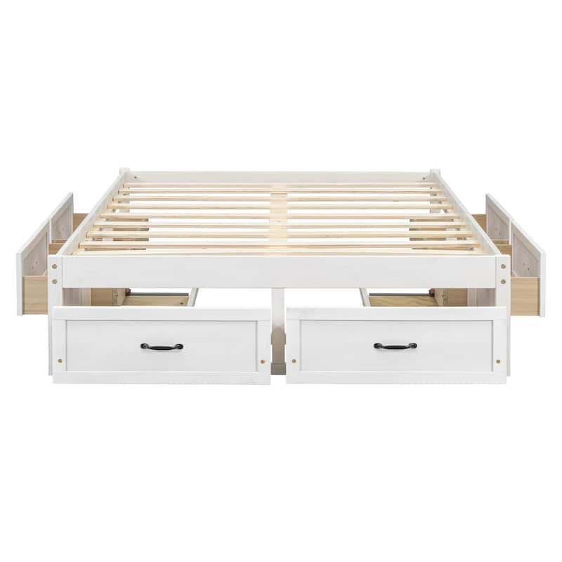 Queen Size Platform Bed Frame with 6 Built-In Storage Drawers, No Headboard, Low Profile Design in Antique