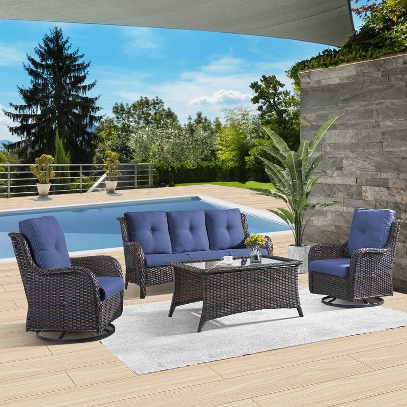 Patio Sofa with Swivel Rocking Chair - Brown - Blue