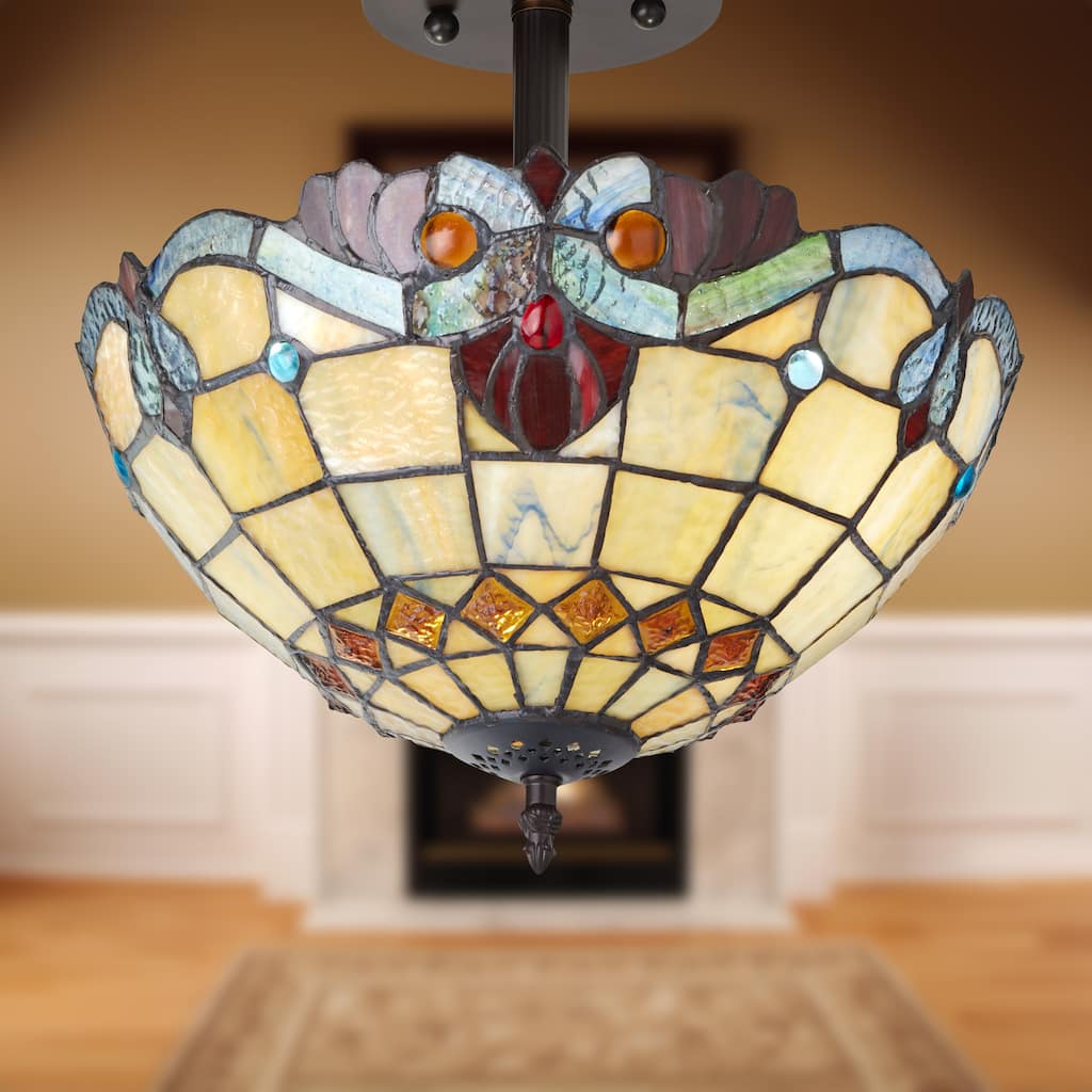 Mila River of Goods Red/Amber/Blue Stained Glass Bowl Shade 13-Inch Ceiling Light - 12.5" x 12.5" x 13"