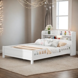Wood Full Size Platform Bed with LED Light, Storage Headboard, and Guardrail, White