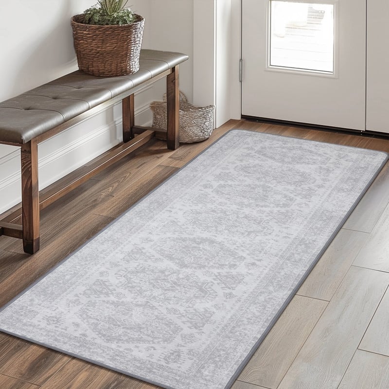 Mcow Floral Faded Low Pile Machine Washable Non-Slip Area Rug - 2'X8' - GREY - Runner