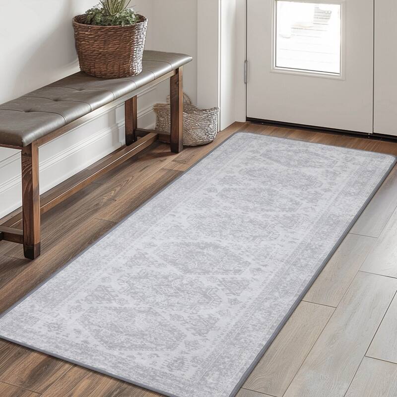 Mcow Floral Faded Low Pile Machine Washable Non-Slip Area Rug - 2'X7' - GREY - Runner