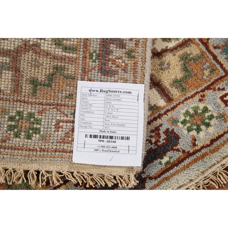 Gray Geometric Heriz Serapi Indian Accent Rug Handmade Wool Carpet - 2'0"x 3'0"