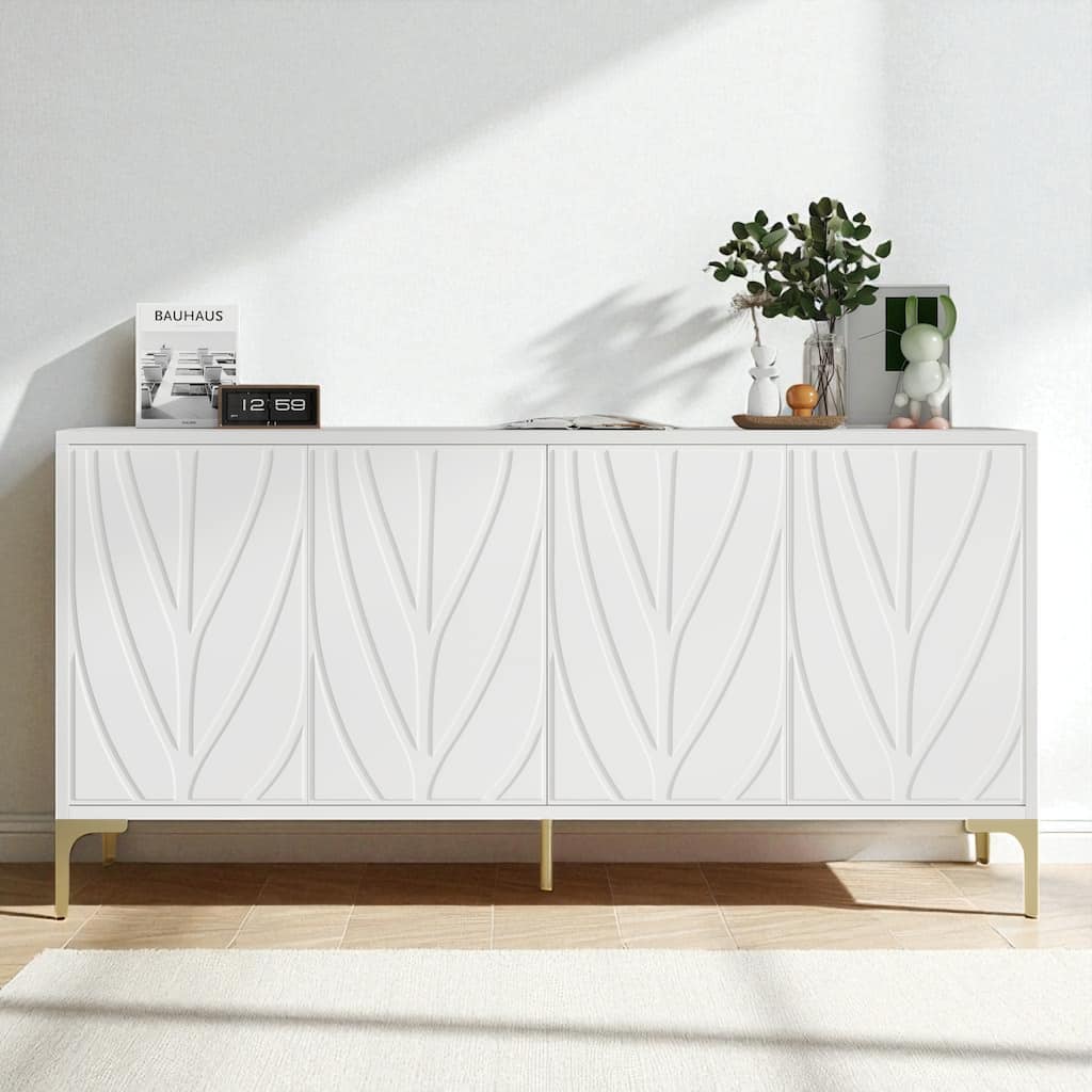 Modern 4-Door Sideboard with Press-to-Open Doors, Carved Texture, High Gloss Finish and Gold Metal Legs