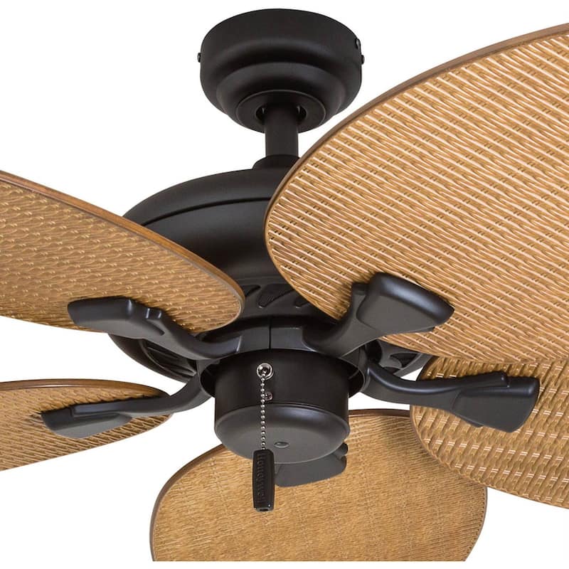 52" Honeywell Palm Island Bronze Indoor/Outdoor Ceiling Fan with No Light, Pull Chain, 5 Palm Leaf Blades, Damp-Rated
