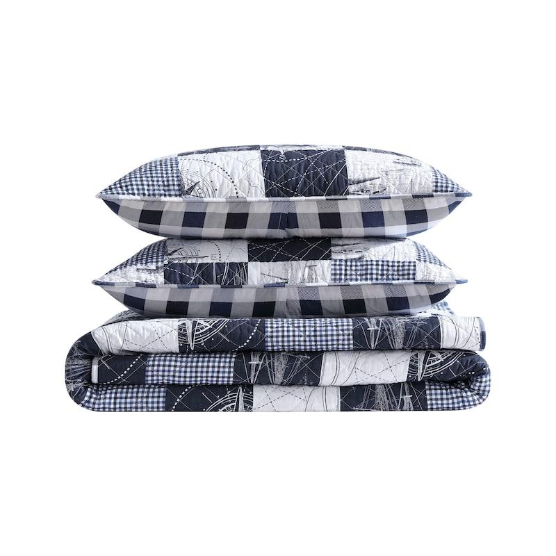 Nautica Sailors Patchwork Blue Cotton Reversible Quilt Set