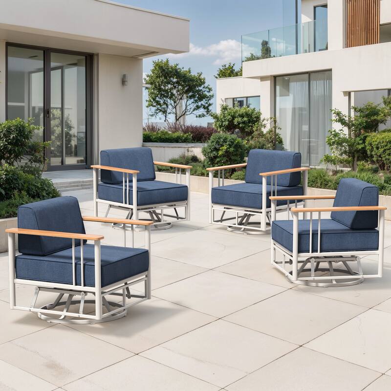 Puffin Black Metal Frame Outdoor Swivel Gliding Chairs with 6-Inch Thick Dark Gray Olefin Cushions (2-Pack) - White/Navy Blue - 4-Piece