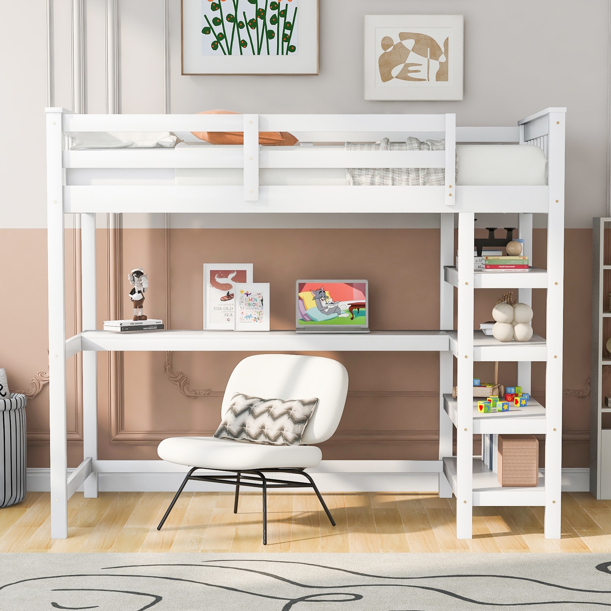 Twin Size Loft Kids Bed Frame with Storage Shelves and Under-bed